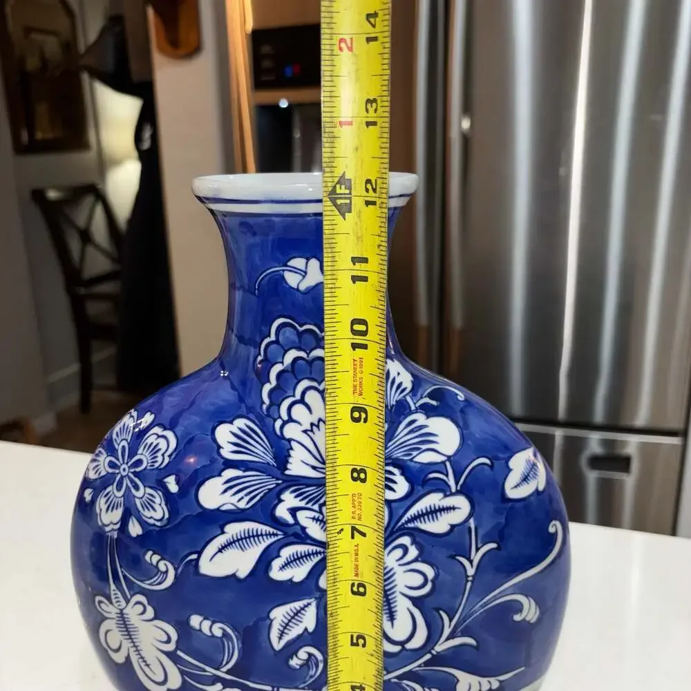 Blue and White Chinoiserie Floral Flat Ceramic Vase